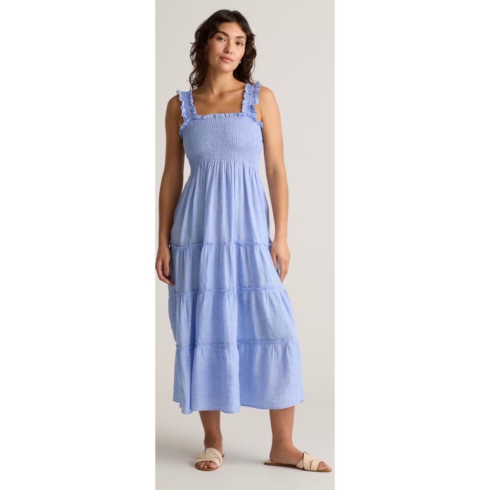 Quince 100% European Linen Smocked Tiered Midi Dress Light Blue Womens Medium